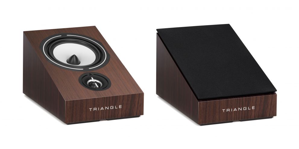 2 atmos Triangle borea bra1 walnut speakers, one open and one closed