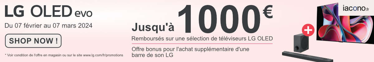 LG vous rembourse jusqu'à 1000€ sur une sélection de TV LG OLED, offre valable du 07 février au 07 mars 2024 inclus*﻿