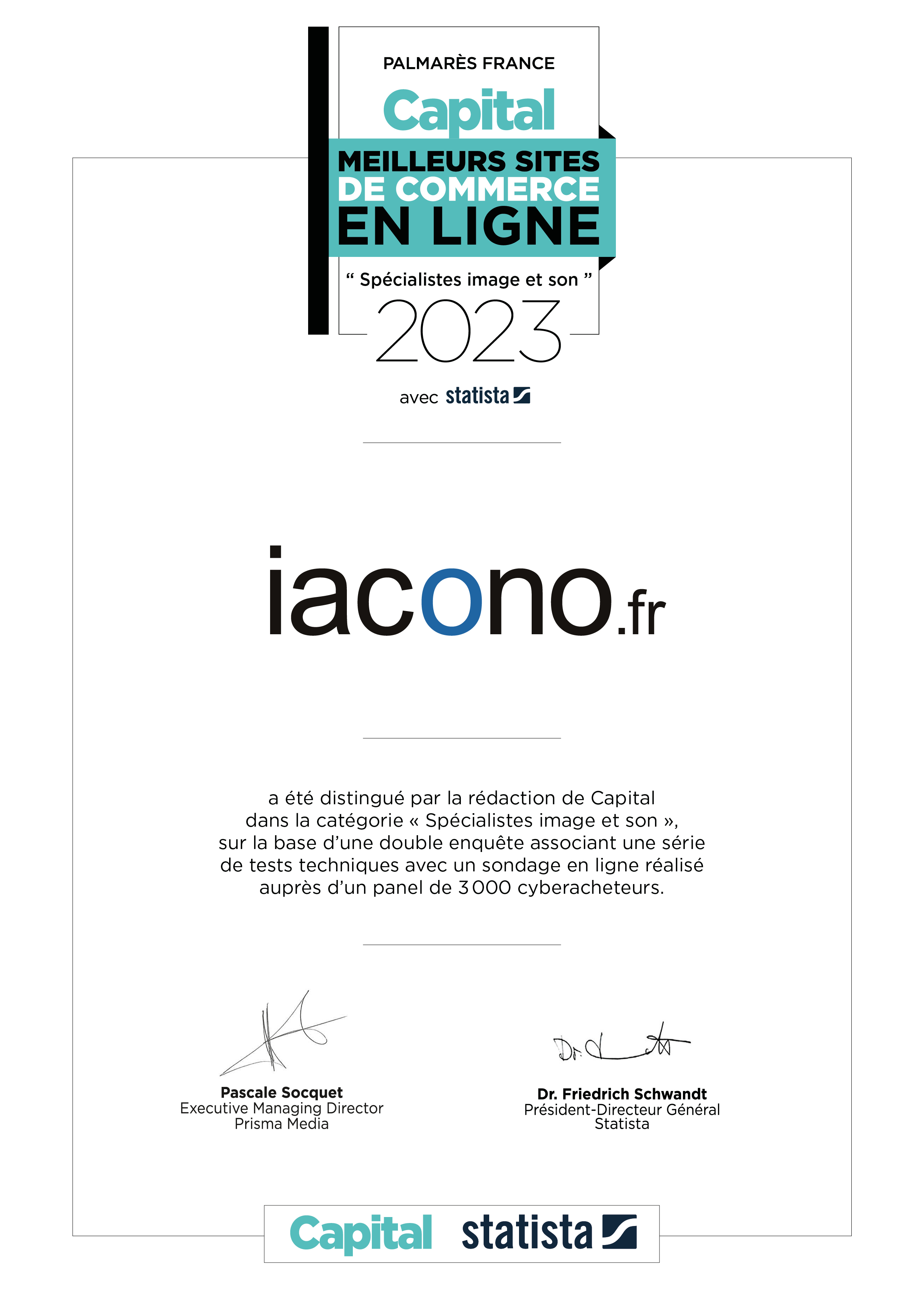 Certificat du palmarès Capital iacono.fr Meilleur site de commerce en ligne